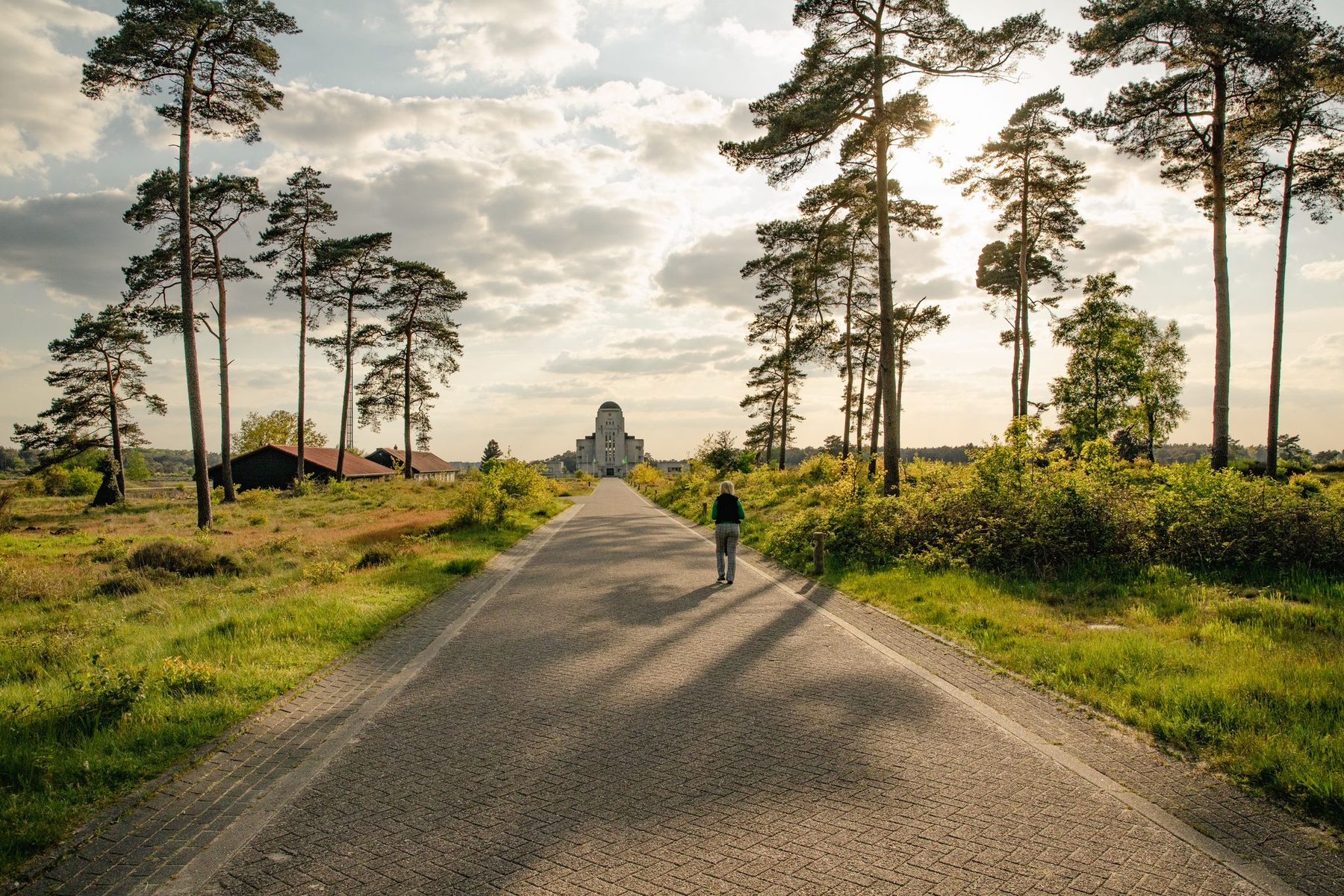Irene lopend over het pad richting Radio Kootwijk, tussen de dennen